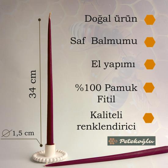 (6 Adet X 35Cm) Konik Balmumu Şamdan Mumu Bordo Doğal Petek Balmumu Mum Dekoratif Beeswax Candle