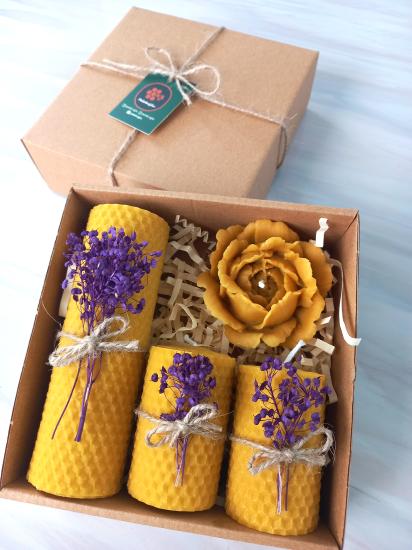 Balmumu Mum Dekoratif Hediye Kutusu 4 Lü Set Doğal Petek Beeswax Candle